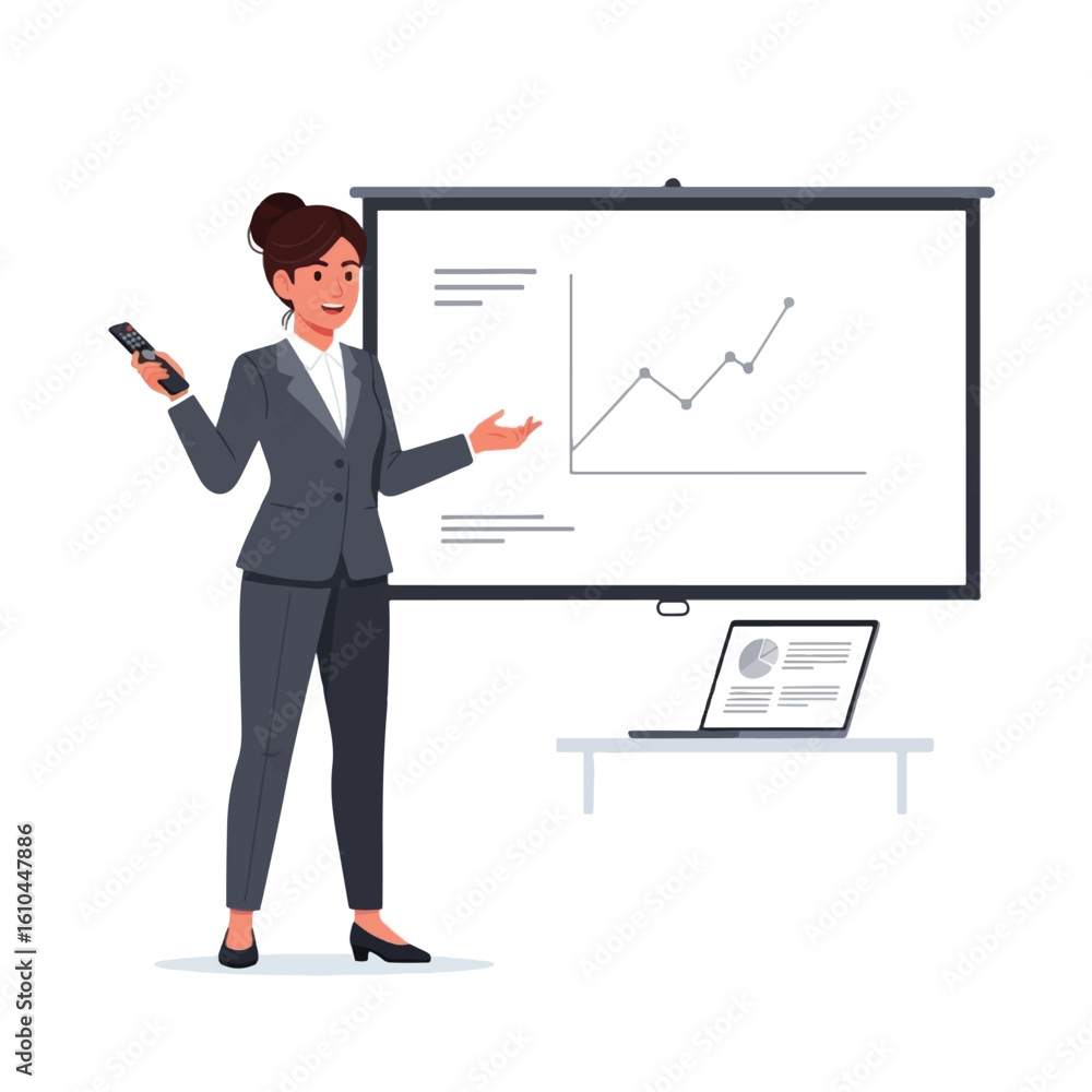 A businesswoman presents a growth chart on a projector screen during a business presentation. A businesswoman presents a growth chart on a projector screen during a business presentation.