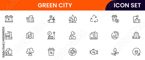 Green city vector line icons featuring sustainable buildings, trees, renewable energy, clean transport, recycling, parks, eco-friendly infrastructure, and urban nature integration.