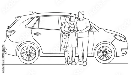 Outline drawing of a family by a car