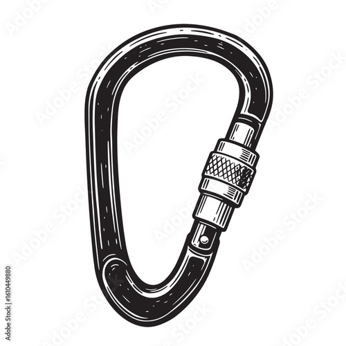 Detailed vintage art illustration of a black and white climbing carabiner lock isolated