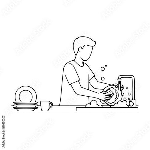 Line art of man washing dishes at sink in black and white kitchen illustration