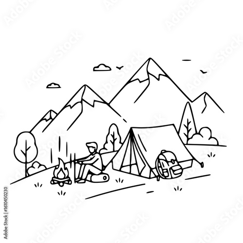 Minimalist black and white illustration of family camping near mountains in nature scene