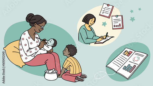Working mom multitasking childcare and career planning for family financial future success goals
