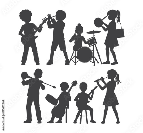 Children playing musical instruments in a band silhouette isolated on white background