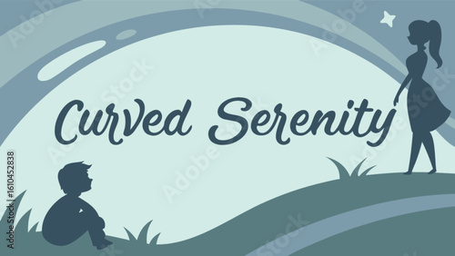 Silhouette landscape art of boy and girl in nature scene with curved lines and serenity vector graphic design