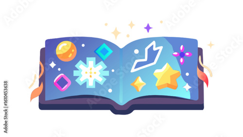 Open spell book magical grimoire with celestial elements fantasy adventure story for kids vector illustration