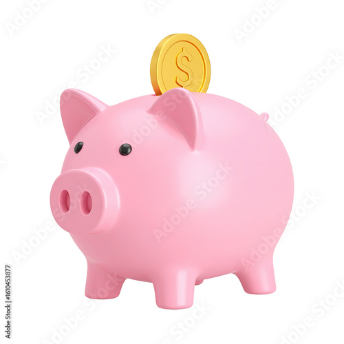 3D Pink Piggy Bank with Gold Coin – Savings and Finance Icon PNG