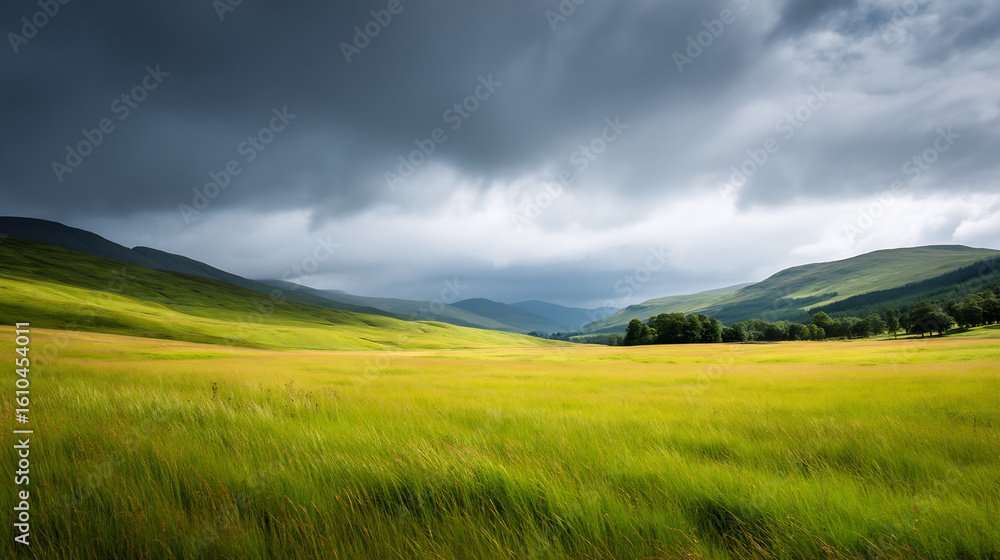 Obraz premium Highland plain with storm clouds moving fast