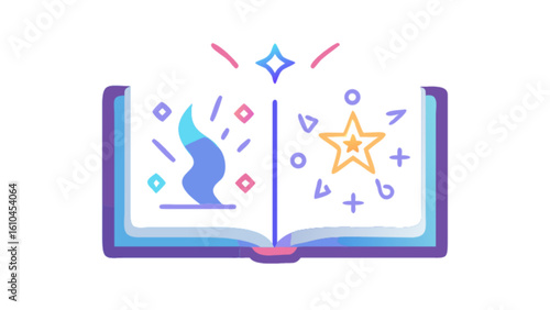 Open book of magic spells and fantasy stories with star and flame illustration vector design concept