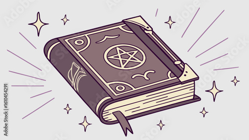 Vintage spell book with pentagram magic grimoire witchcraft esoteric occult knowledge and stars design