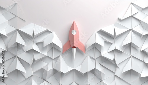 Innovative pink rocket launch with geometric abstract background design
