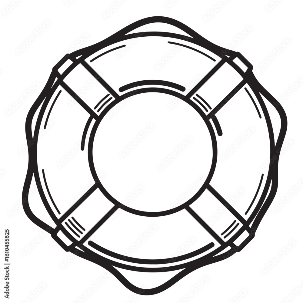 Simplified black and white illustration of a classic life preserver depicting water safety concepts Simplified black and white illustration of a classic life preserver depicting water safety concepts