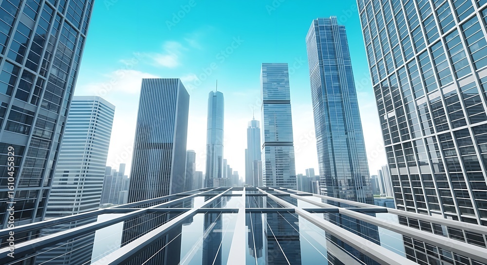 Obraz premium View of tall buildings and skyscrapers in a city with a blue sky from a high vantage point location