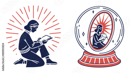 Illustration of a woman reading and a fortune teller crystal ball for future reading and divination art