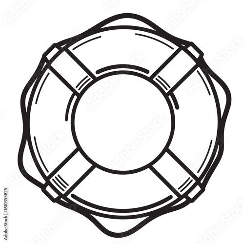 Simplified black and white illustration of a classic life preserver depicting water safety concepts
