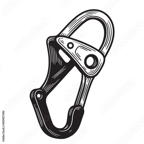 Vintage art illustration of a detailed black and white carabiner isolated on white background