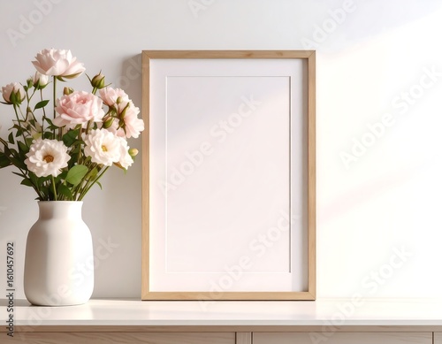 Light-colored flowers in a vase next to a blank, light wood frame on a shelf against a white wall