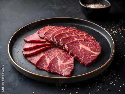 Sliced meat on a black plate with a gold rim and a bowl of salt on a dark background surface