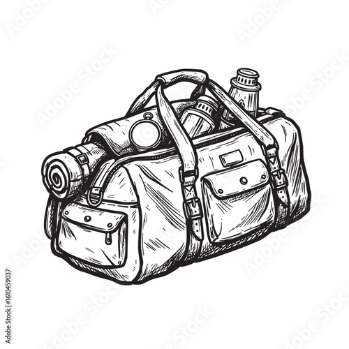Vintage art illustration of a packed duffel bag ready for adventure camping and hiking