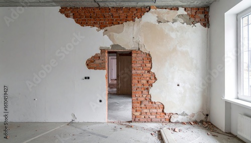 Interior renovation project revealing brickwork in a dilapidated unfinished room