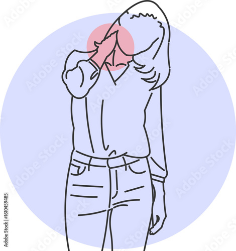 Illustration of a woman with uncomfortable neck pain and muscle stiffness
