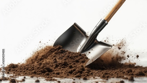 Wallpaper Mural Shovel digging into brown soil pile, dynamic dirt scattering on white background Torontodigital.ca