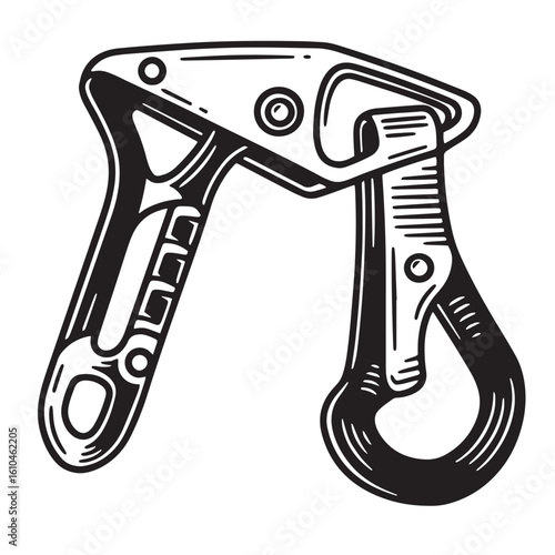 Vintage black and white illustration of a climbing carabiner with a unique artistic style