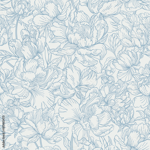 Seamless pattern with flowers. Peonies in blue. Modern design. Line art.