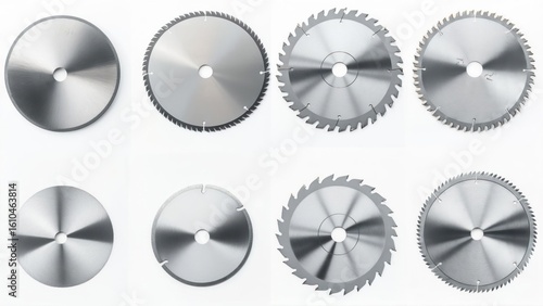 Collection of diverse metal circular saw blades for wood and industrial cutting applications.