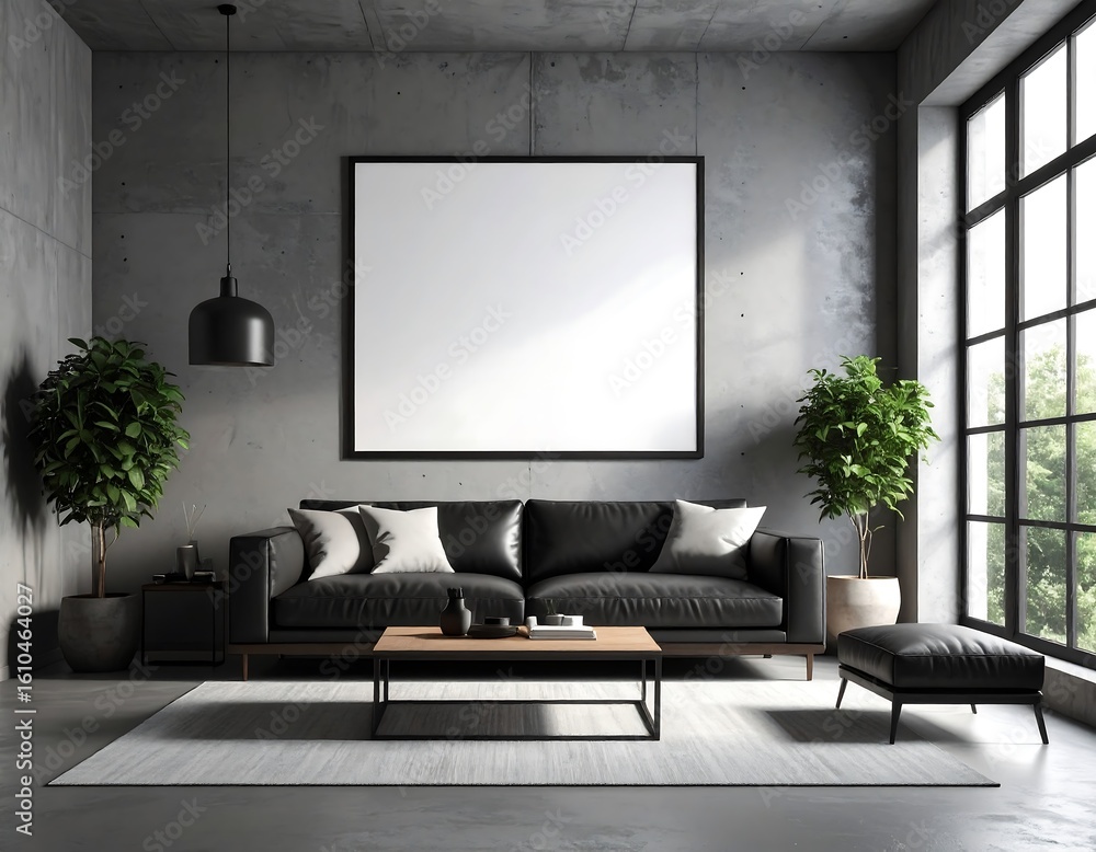 Fototapeta premium Loft style living room with black leather sofa blank art mockup concrete walls and plants