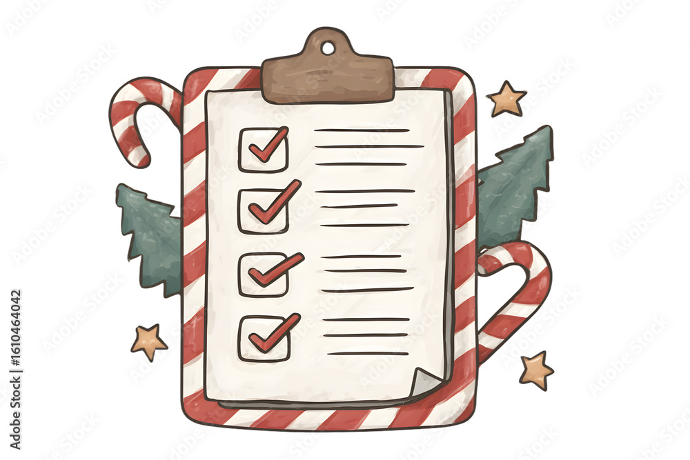Fototapeta premium Christmas checklist-style icon group including tick boxes with candy cane borders and tiny stars, isolated on a white background, in a simple style, with a transparent PNG