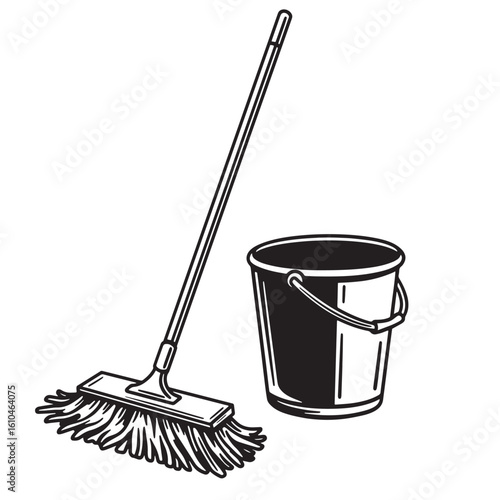 Vintage style black and white cleaning supplies illustration mop and bucket simple design