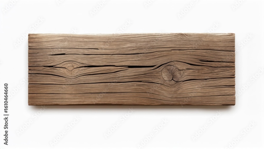 Obraz premium Rustic Weathered Wood Plank on White Background with Natural Grain and Knots, Isolated Material Texture