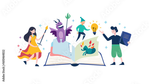 Childrens book illustration with fantasy characters and open book for creative storytelling concept art