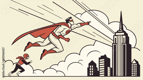 Superhero flying over city with sidekick comic book style illustration vintage hero adventure action scene art 100