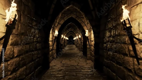 Dark stone corridor, lit by torches, game background