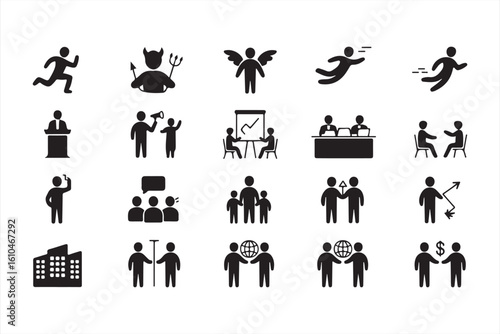 Vector Icons Representing Cooperation, Leadership, and Workplace Interaction
