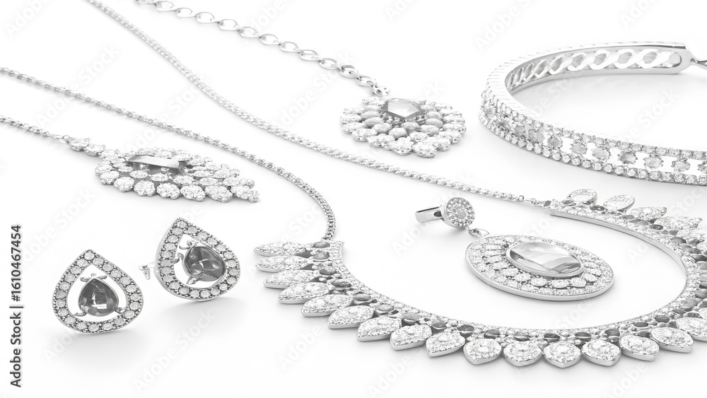 Obraz premium A collection of silver jewelry including necklaces earrings and a bracelet on a white background
