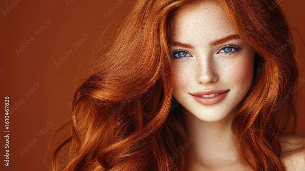 Fototapeta premium Close-up portrait of a young woman with long, wavy, vibrant red hair and freckles, smiling gently against a rich brown background.