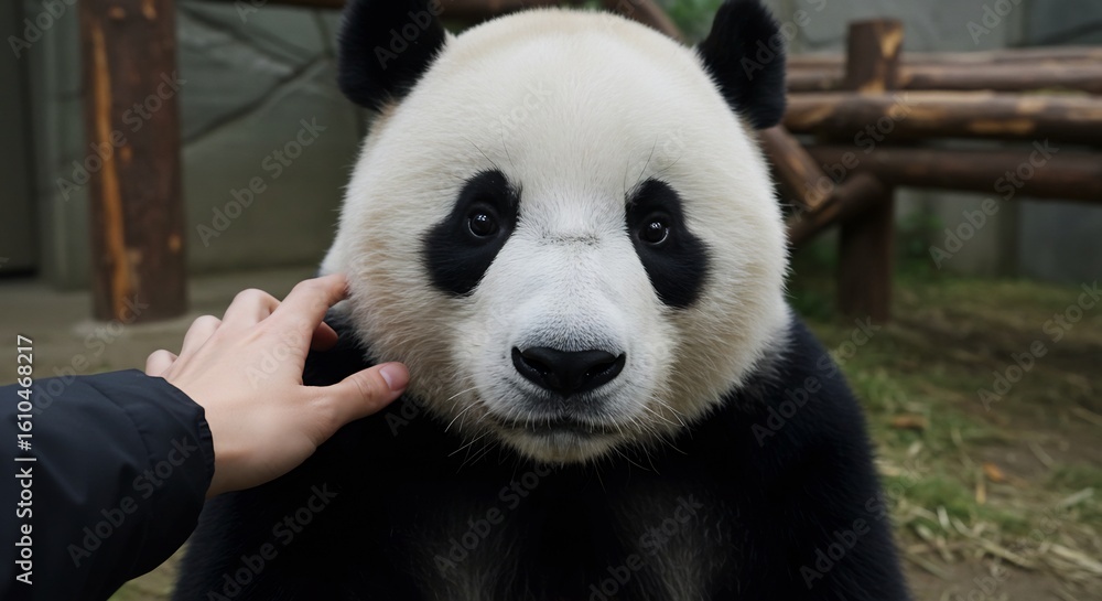 Naklejka premium A human hand gently touches the fur of a giant panda's face, creating a sweet moment.