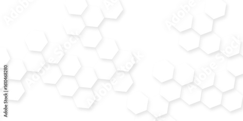 Modern seamless geometry pattern hexagon, The pattern of white hexagons is arranged in a slightly irregular, organic layout, white and gray hexagon honeycomb geometric copy space.