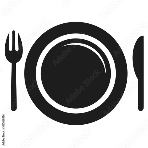 Empty plate design with fork and knife on a white background indicating meal time and dining