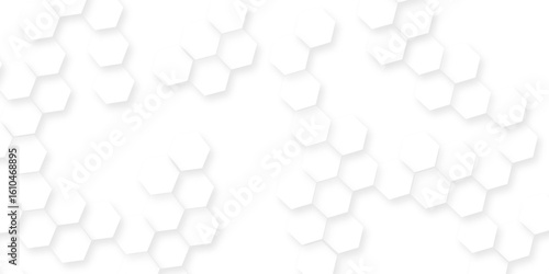 Modern seamless geometry pattern hexagon, The pattern of white hexagons is arranged in a slightly irregular, organic layout, white and gray hexagon honeycomb geometric copy space.