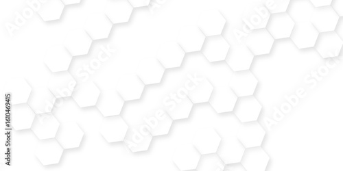 Modern seamless geometry pattern hexagon, The pattern of white hexagons is arranged in a slightly irregular, organic layout, white and gray hexagon honeycomb geometric copy space.