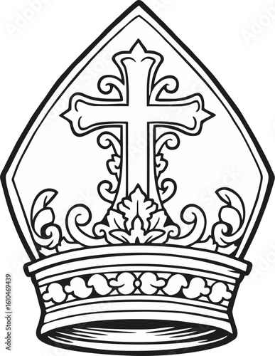 Ornate Bishop Mitre Line Art with Decorative Cross – Black and White Religious Vector Illustration