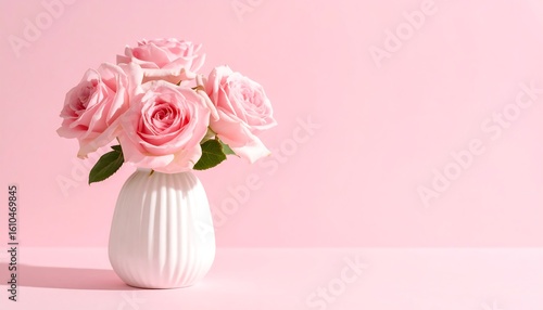 Pink roses in a white ribbed vase against a pink background