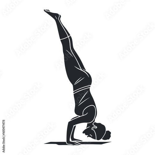 Black Silhouette of Person Doing Headstand Yoga Pose – Vector Illustration

