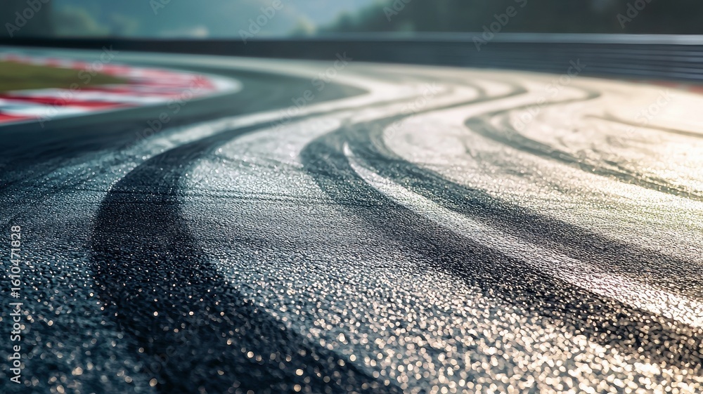 Fototapeta premium A close-up shot of an empty F1 track featuring distinct tire marks, showcasing the smooth asphalt surface reflecting sunlight in a serene environment.