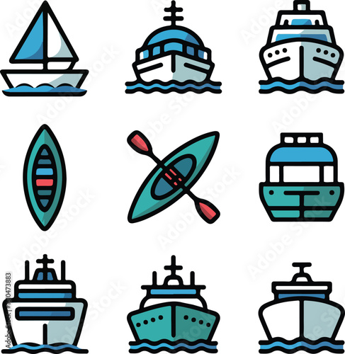 Collection of flat design watercraft icons sailboat