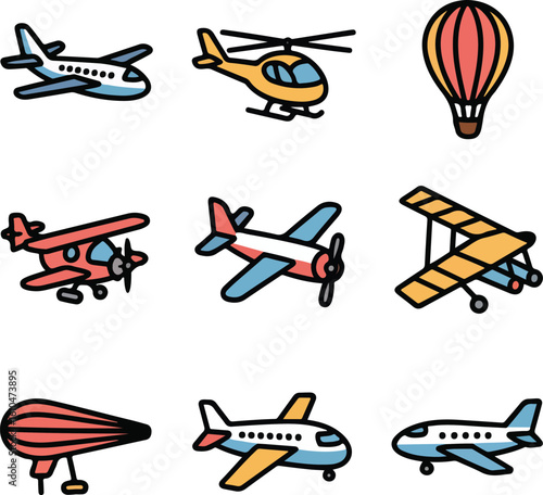 Collection of cartoon airplanes helicopter hot air balloon and blimp